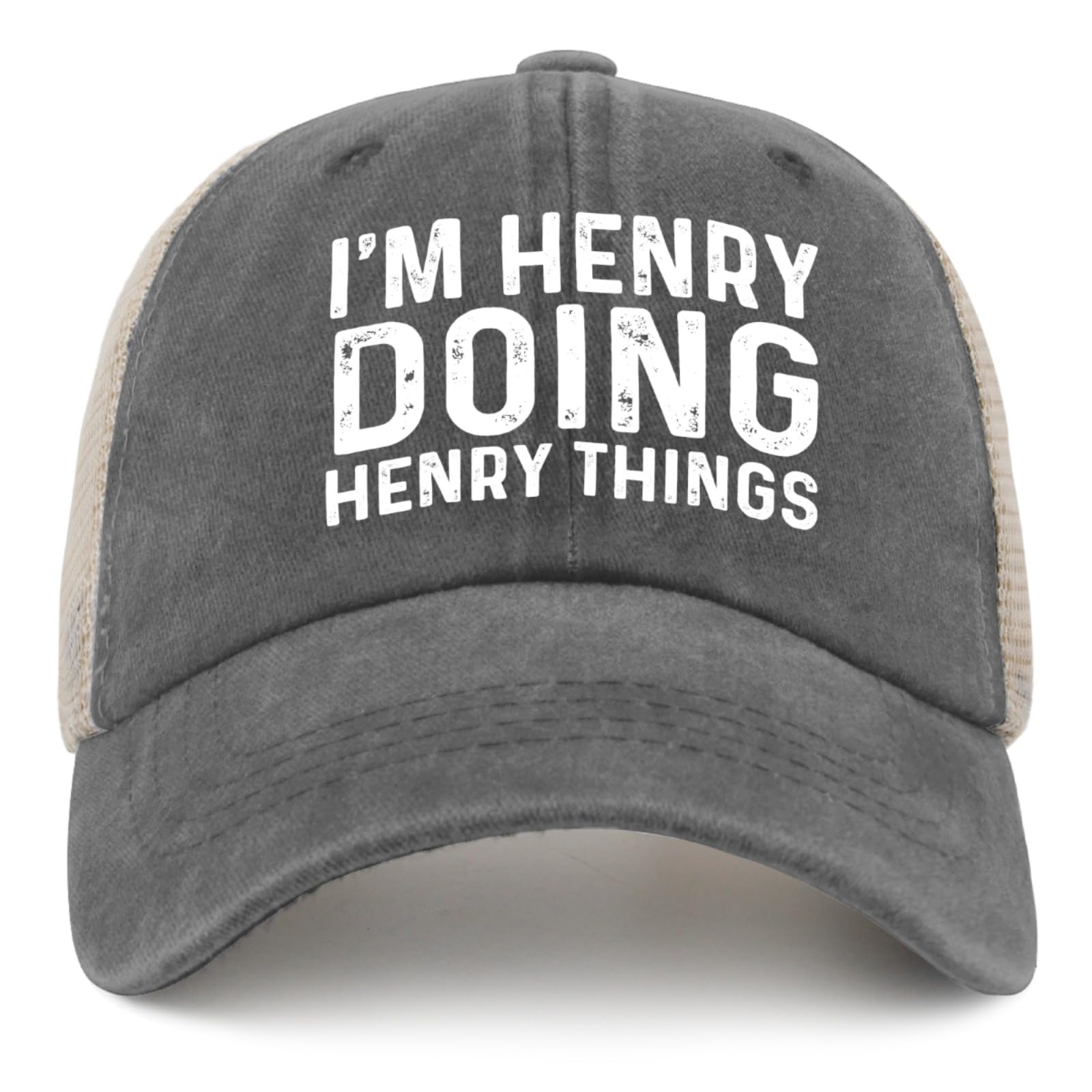 Liabiliies Im Henry Doing Henry Things hat front view, breathable washed denim for everyday wear