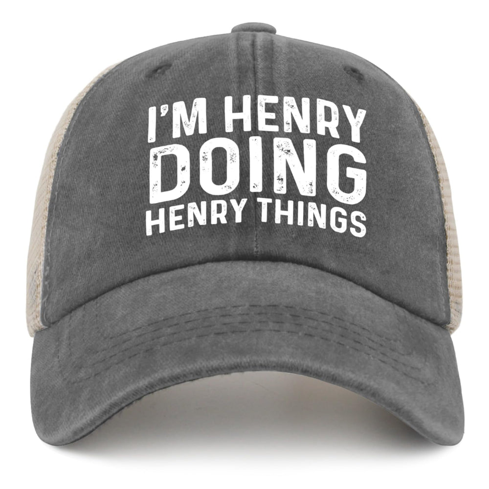 Liabiliies Im Henry Doing Henry Things hat front view, breathable washed denim for everyday wear