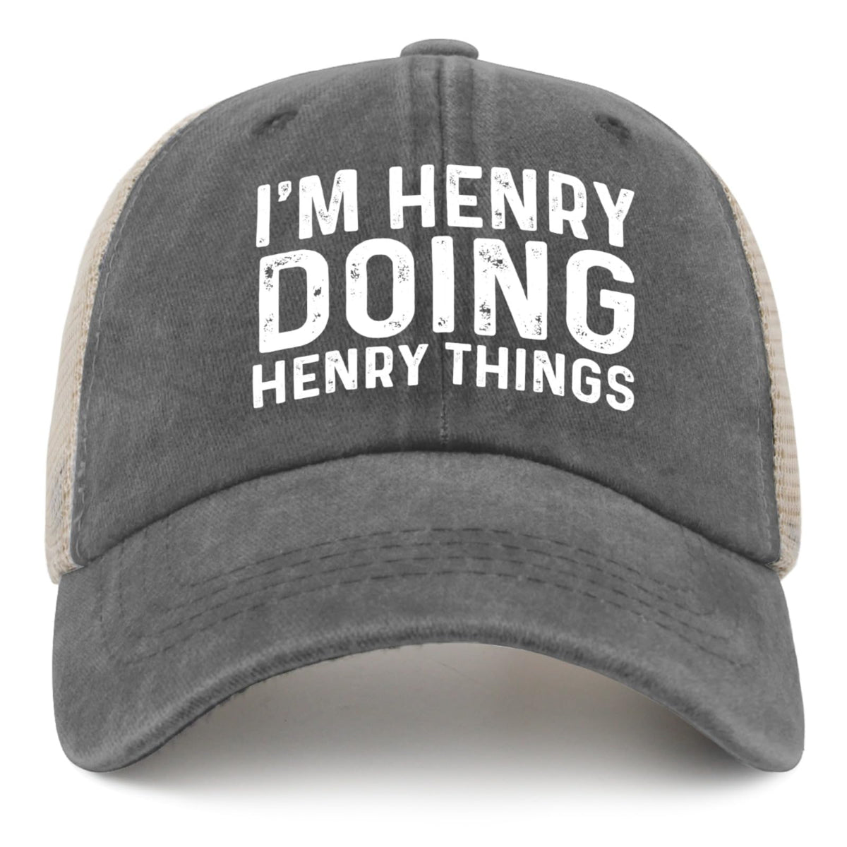 Liabiliies Im Henry Doing Henry Things hat front view, breathable washed denim for everyday wear