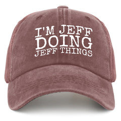 Liabiliies I'm Jeff Doing Jeff Things hat front view in wine red for casual dad style