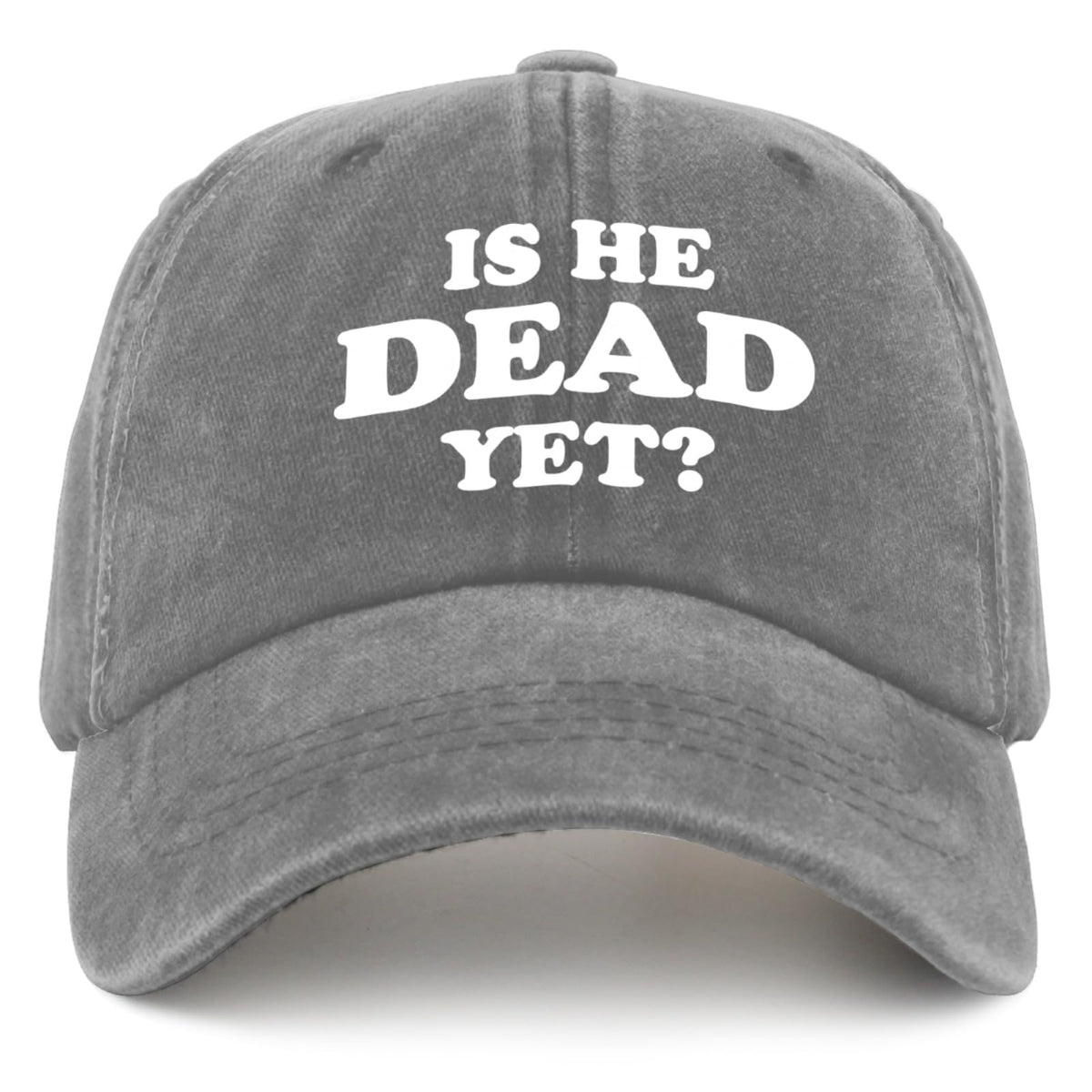 Liabiliies Is He Dead Yet Hat front view of washed denim for casual everyday style