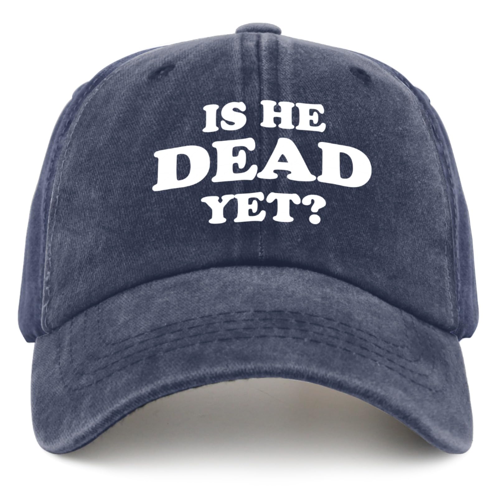 liabiliies Is He Dead Yet Hat front view, navy blue, breathable mesh for summer comfort