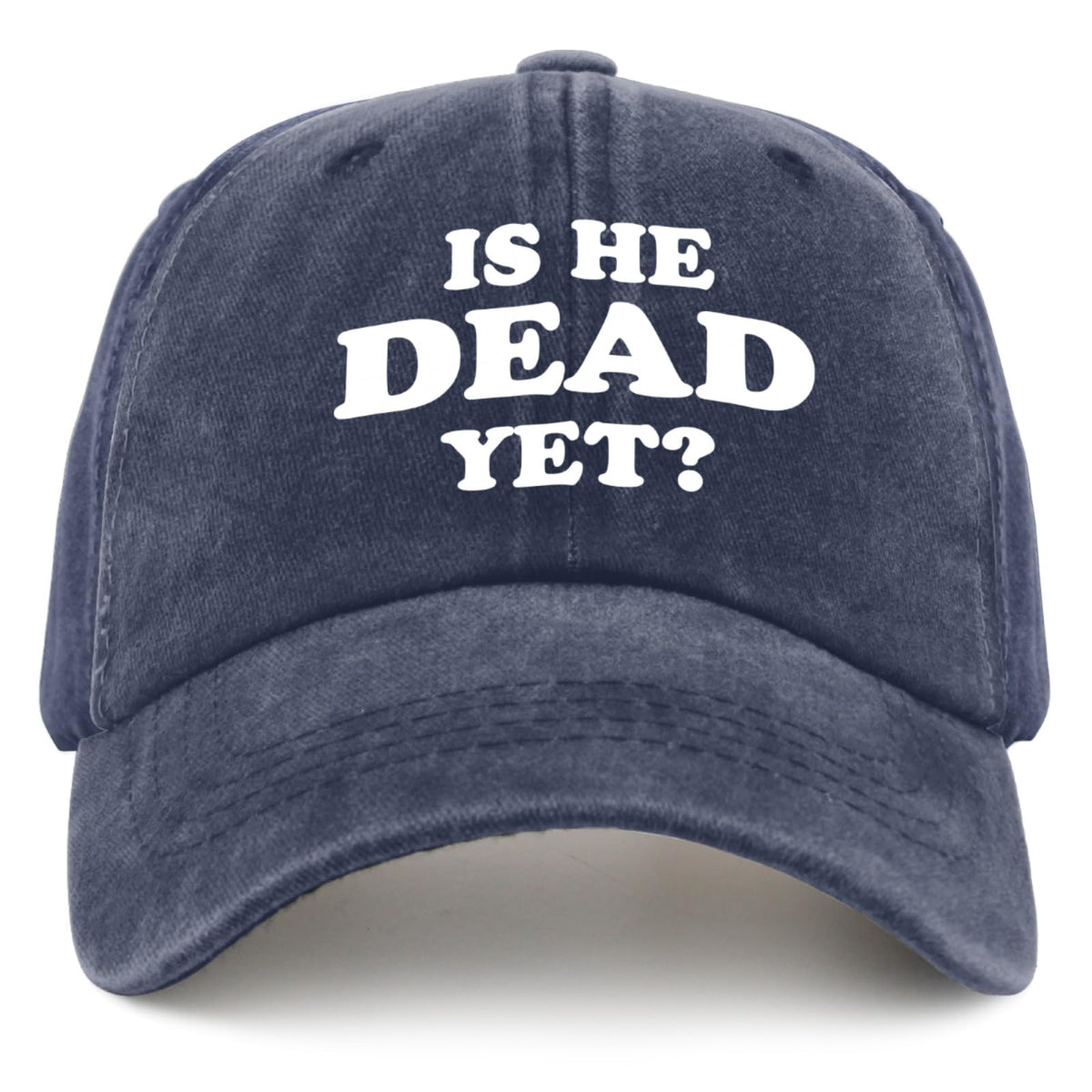 liabiliies Is He Dead Yet Hat front view, navy blue, breathable mesh for summer comfort