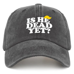 liabiliies Is He Dead Yet Hat front view, lightweight washed denim cap ideal for summer