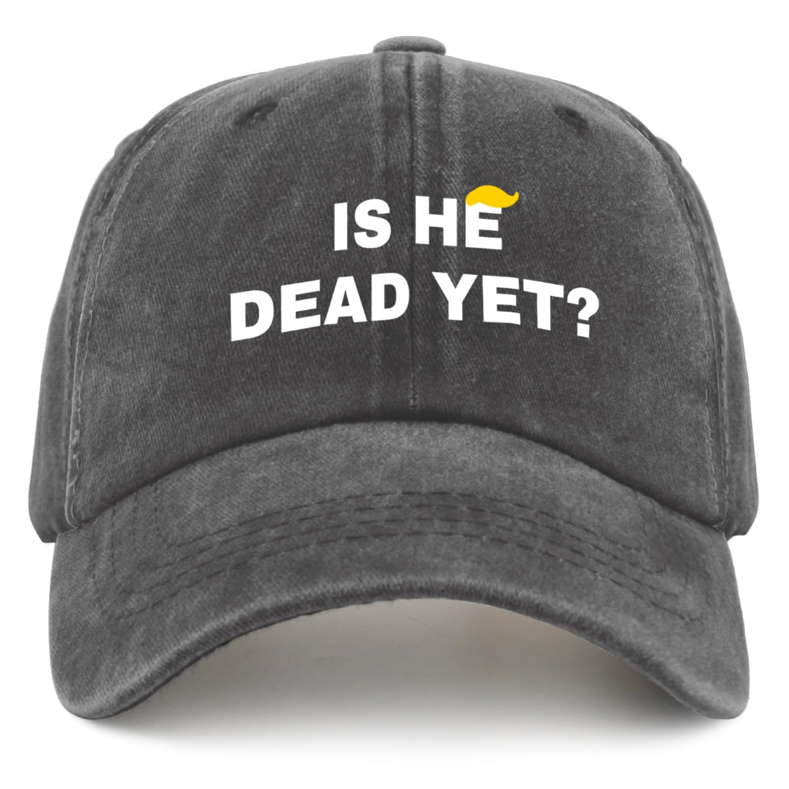 Liabiliies Is He Dead Yet hat front view, breathable denim mesh for summer comfort.