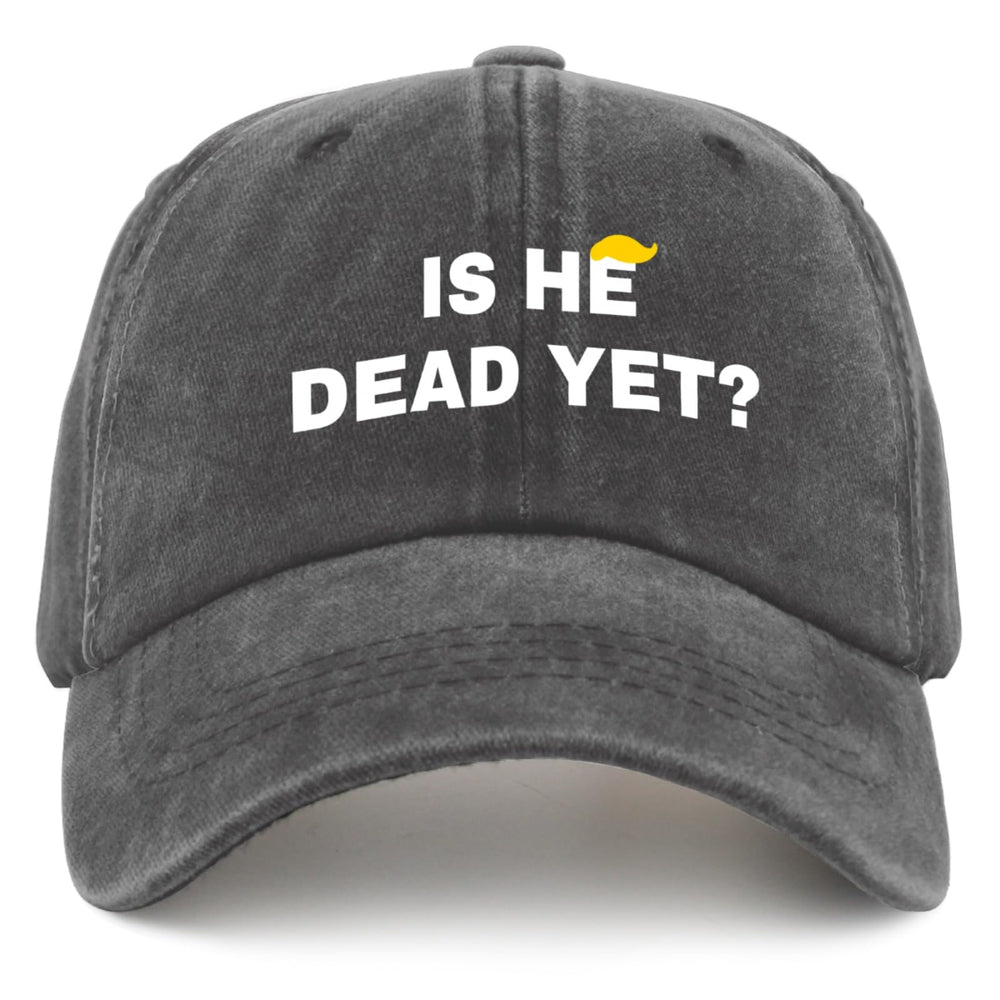 Liabiliies Is He Dead Yet hat front view, breathable denim mesh for summer comfort.