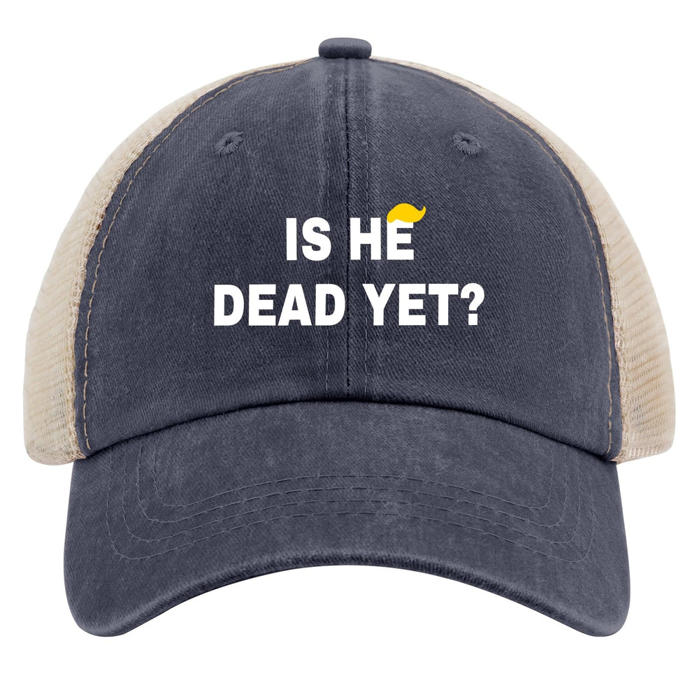 Liabiliies Is He Dead Yet Hat side view highlights retro denim texture.