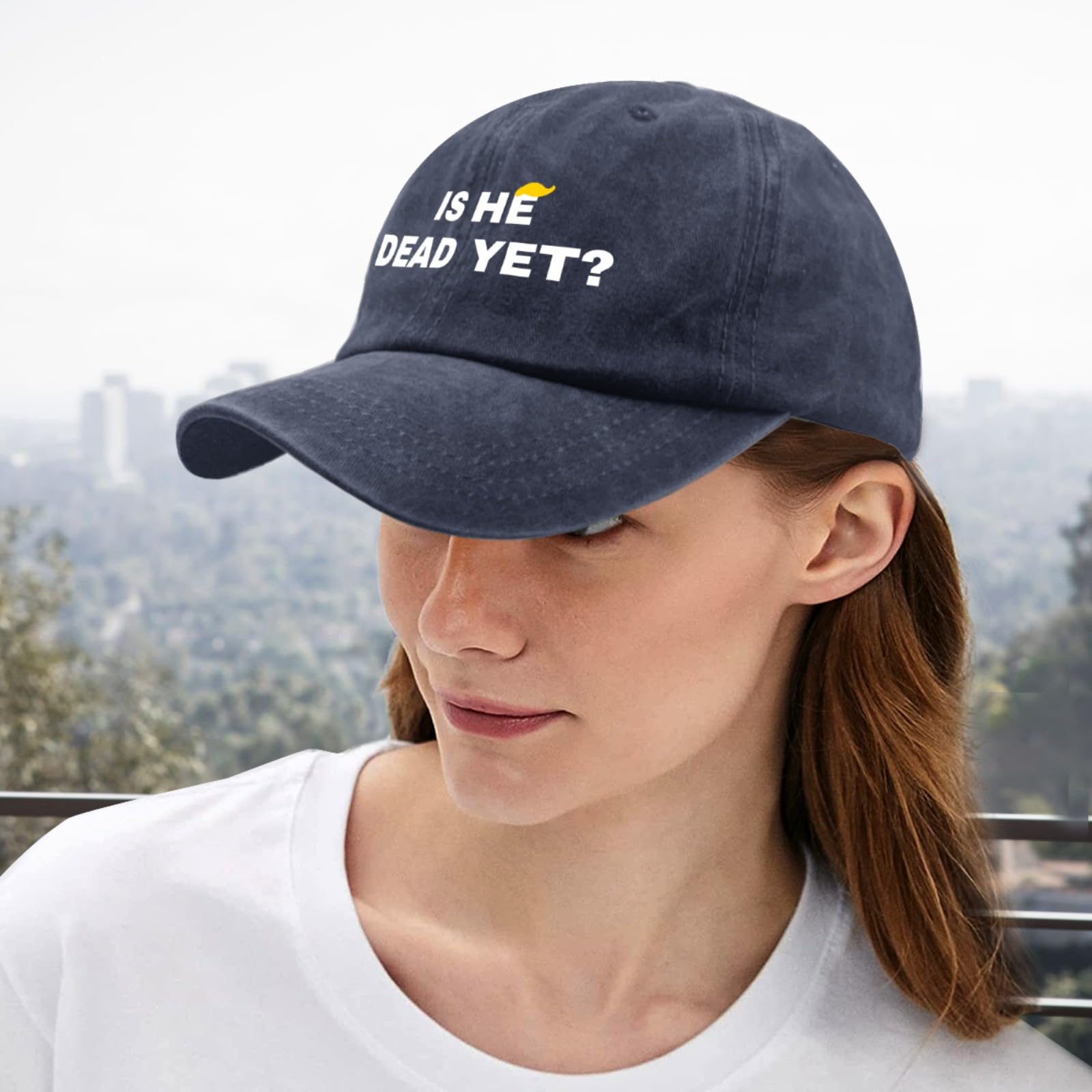 liabiliies Is He Dead Yet hat worn by a smiling user conveys casual, versatile style