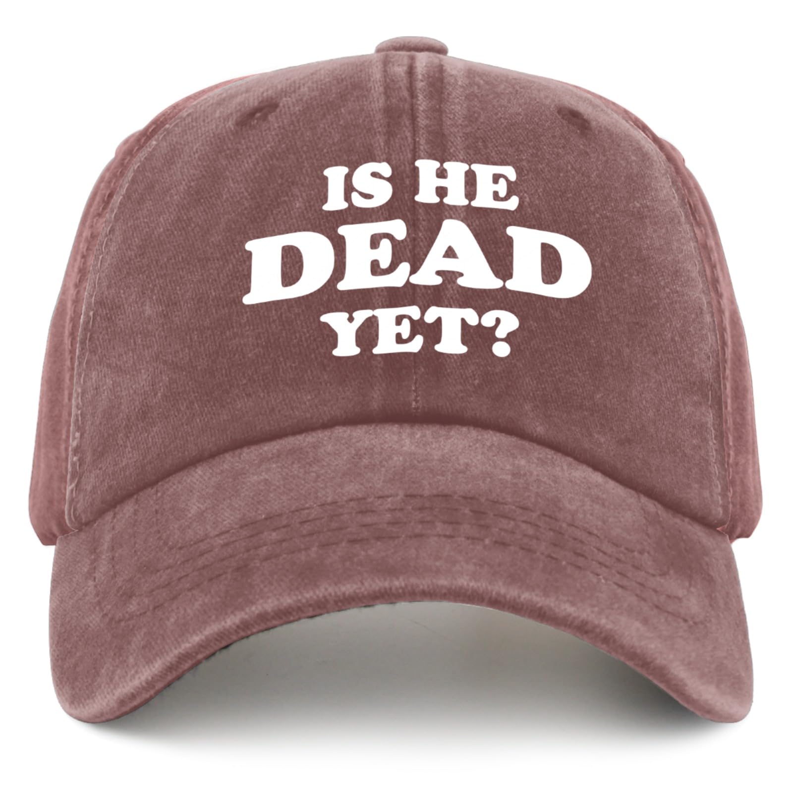 liabiliies Is He Dead Yet Hat in wine red worn by a woman for casual style and comfort
