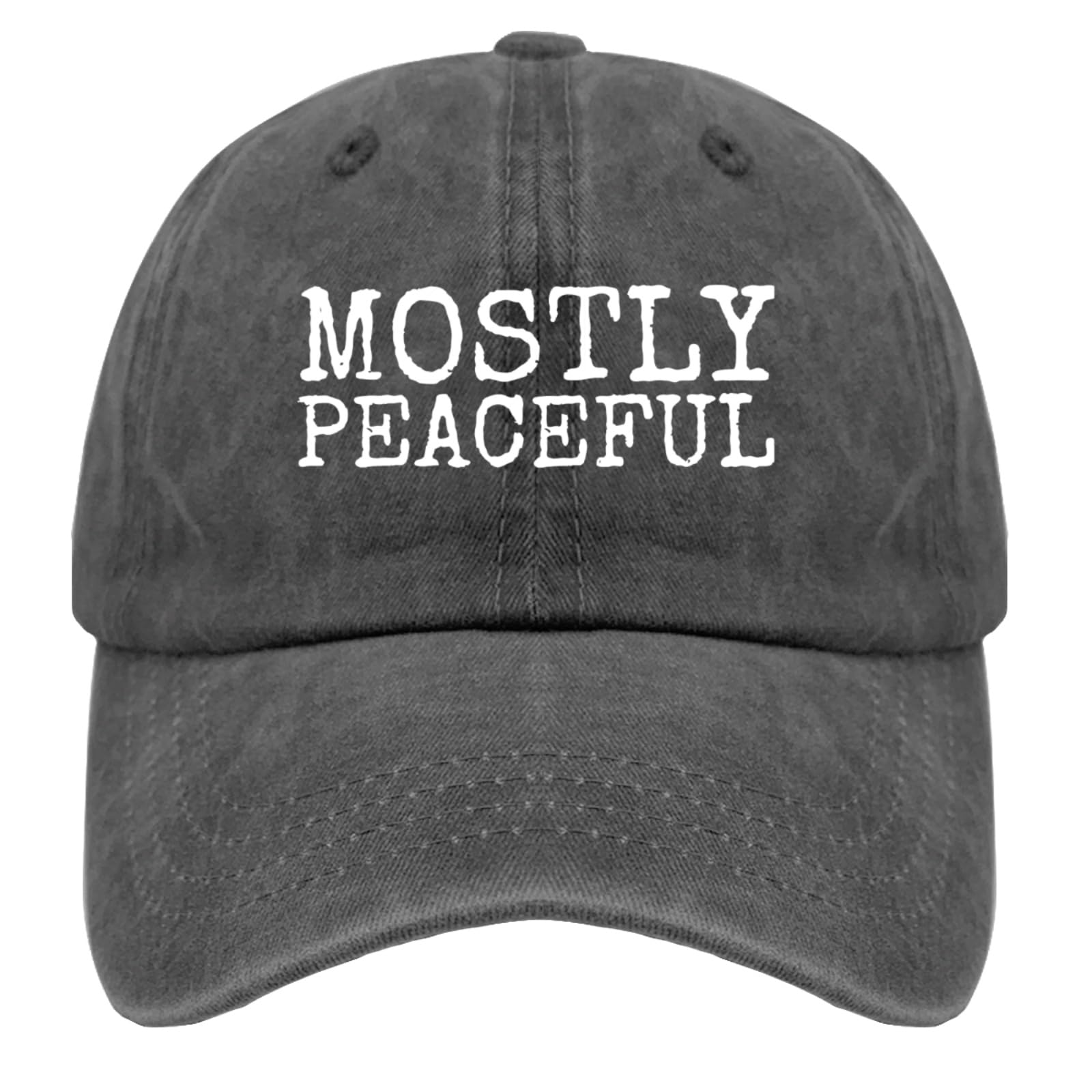 liabiliies Mostly Peaceful Hat front view shows retro denim casual style for daily wear