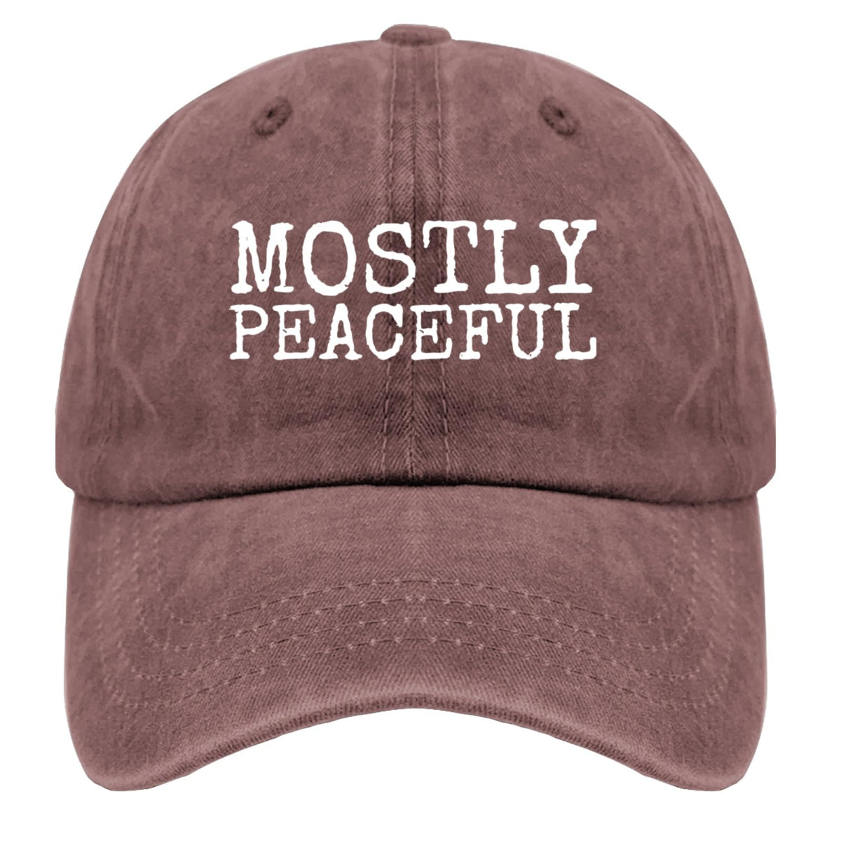Liabiliies Mostly Peaceful Hat front view in wine red, summer ready