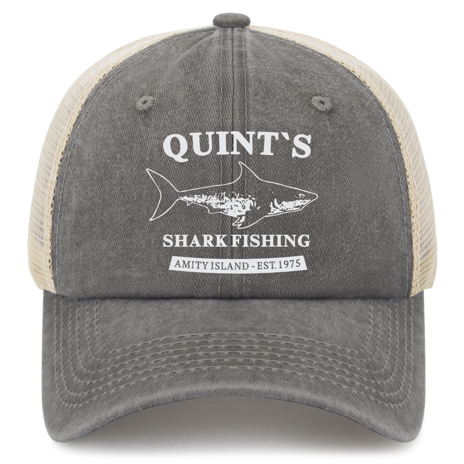 Liabiliies Quints Shark Fishing Amity Island hat front view, denim texture, classic cap silhouette.