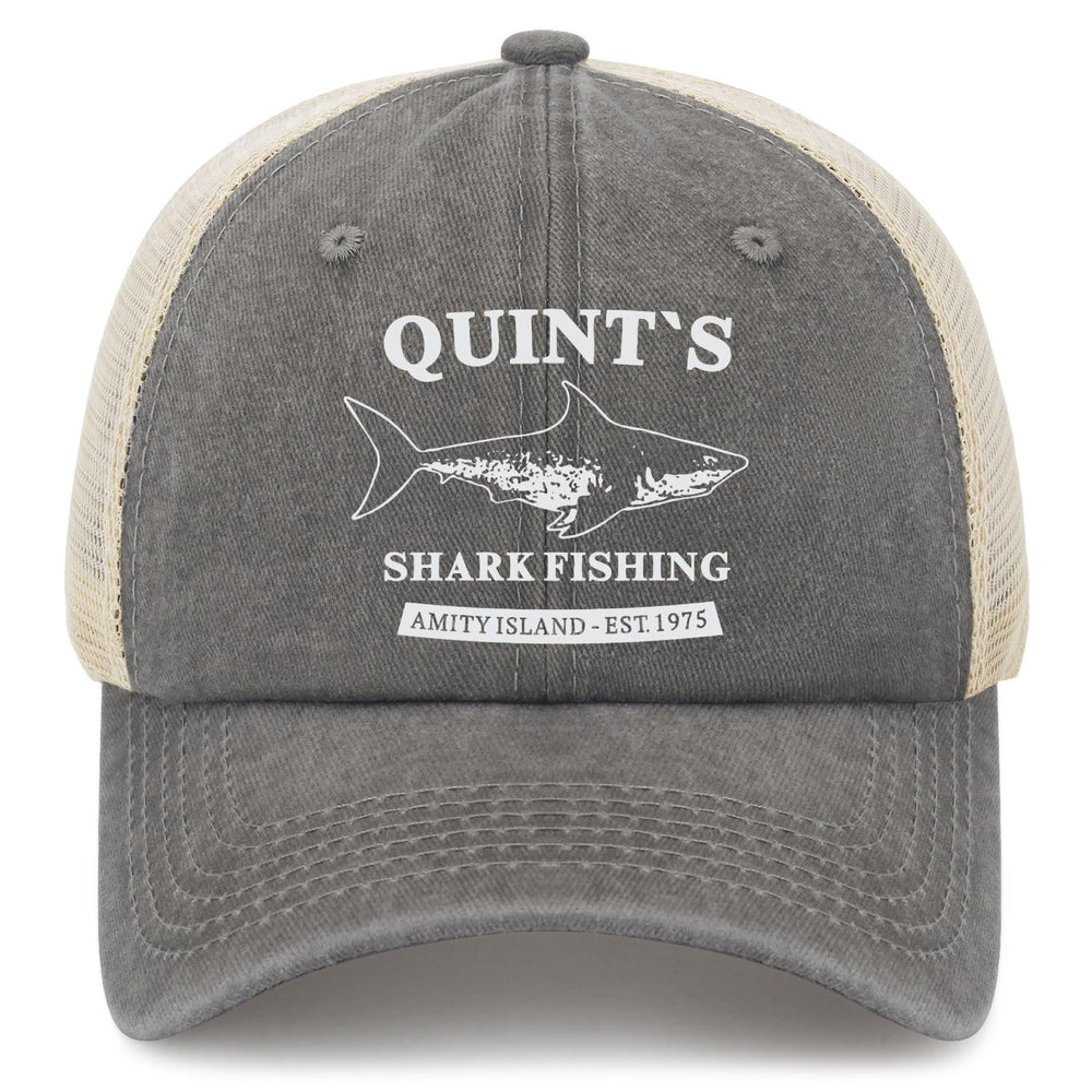 Liabiliies Quints Shark Fishing Amity Island hat front view, denim texture, classic cap silhouette.