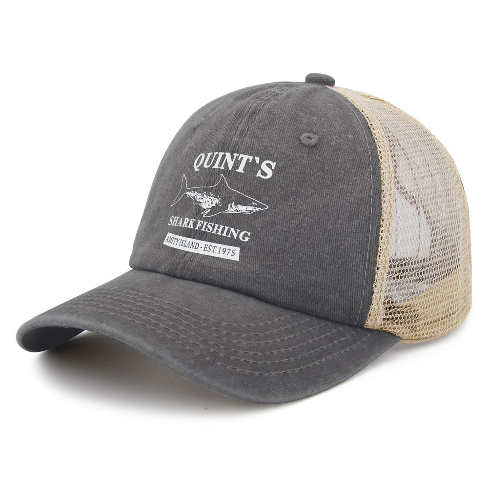Liabiliies Quints Shark Fishing Amity Island hat side view, adjustable strap for comfortable fit.