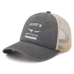 Liabiliies Quints Shark Fishing Amity Island hat side view, adjustable strap for comfortable fit.