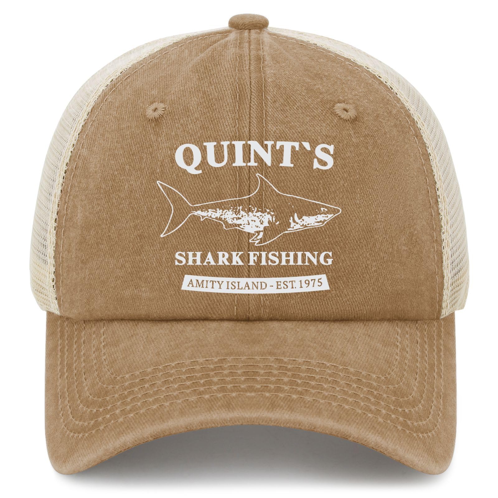 Liabiliies Quints Shark Fishing Amity Island hat front view in washed denim for comfort