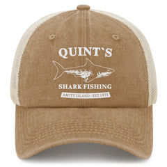 Liabiliies Quints Shark Fishing Amity Island hat front view in washed denim for comfort