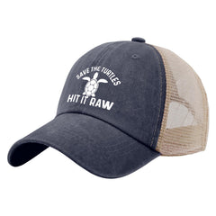 Liabiliies Save The Turtles navy trucker hat back view with breathable mesh