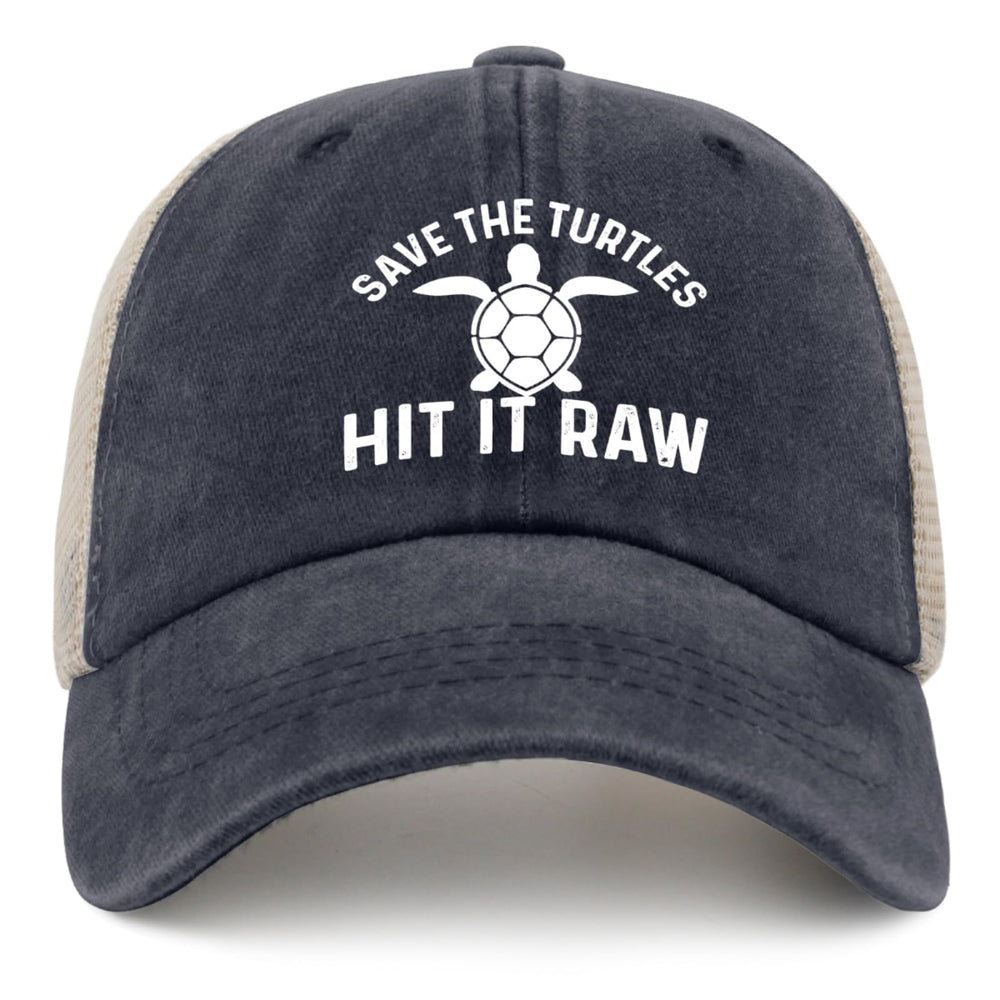 Liabiliies Save The Turtles navy trucker hat front view for casual sun protection