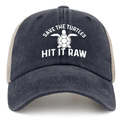 Liabiliies Save The Turtles navy trucker hat front view for casual sun protection