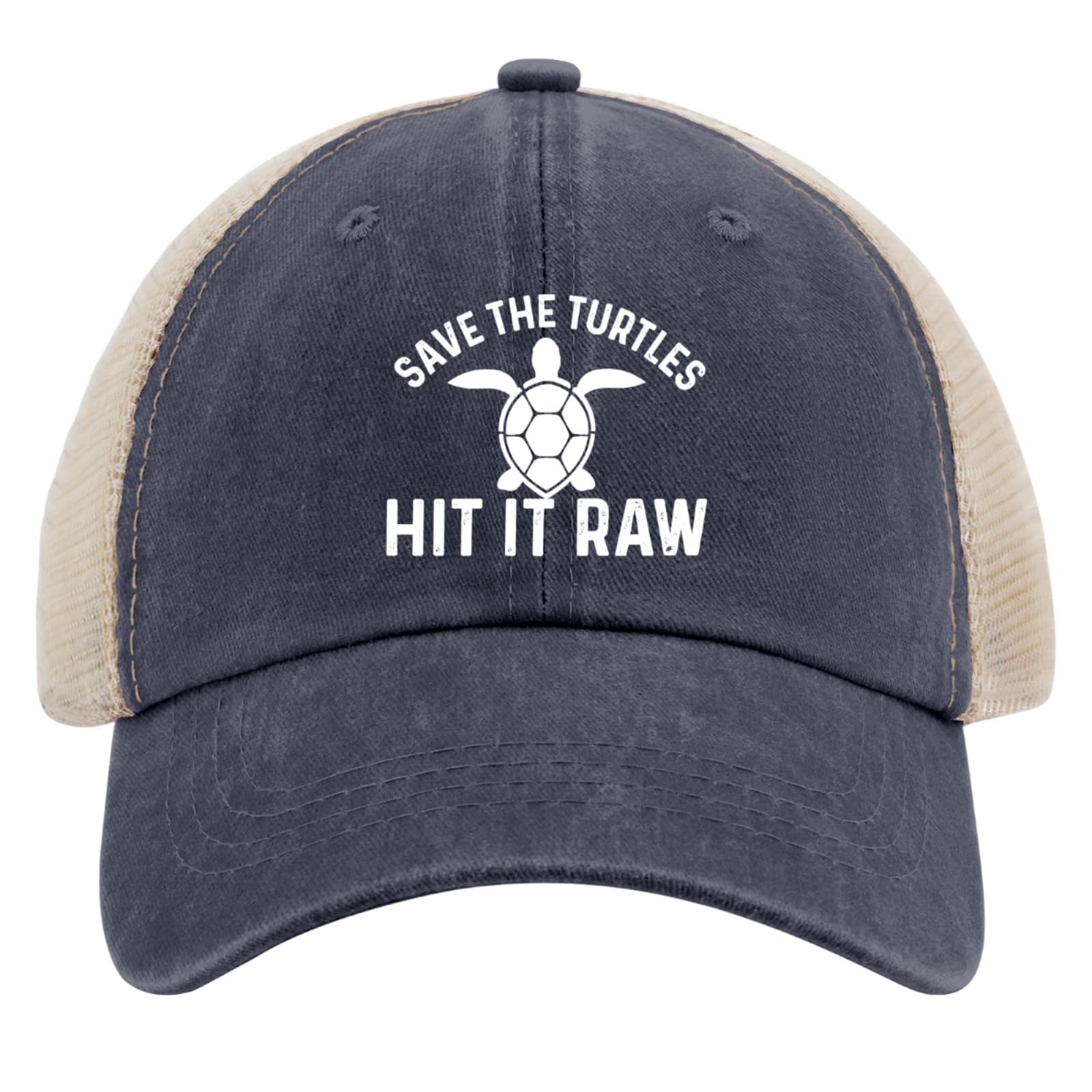 Liabiliies Save The Turtles navy trucker hat side view for outdoor activities