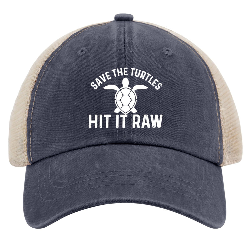 Liabiliies Save The Turtles navy trucker hat side view for outdoor activities