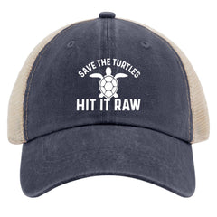 Liabiliies Save The Turtles navy trucker hat side view for outdoor activities