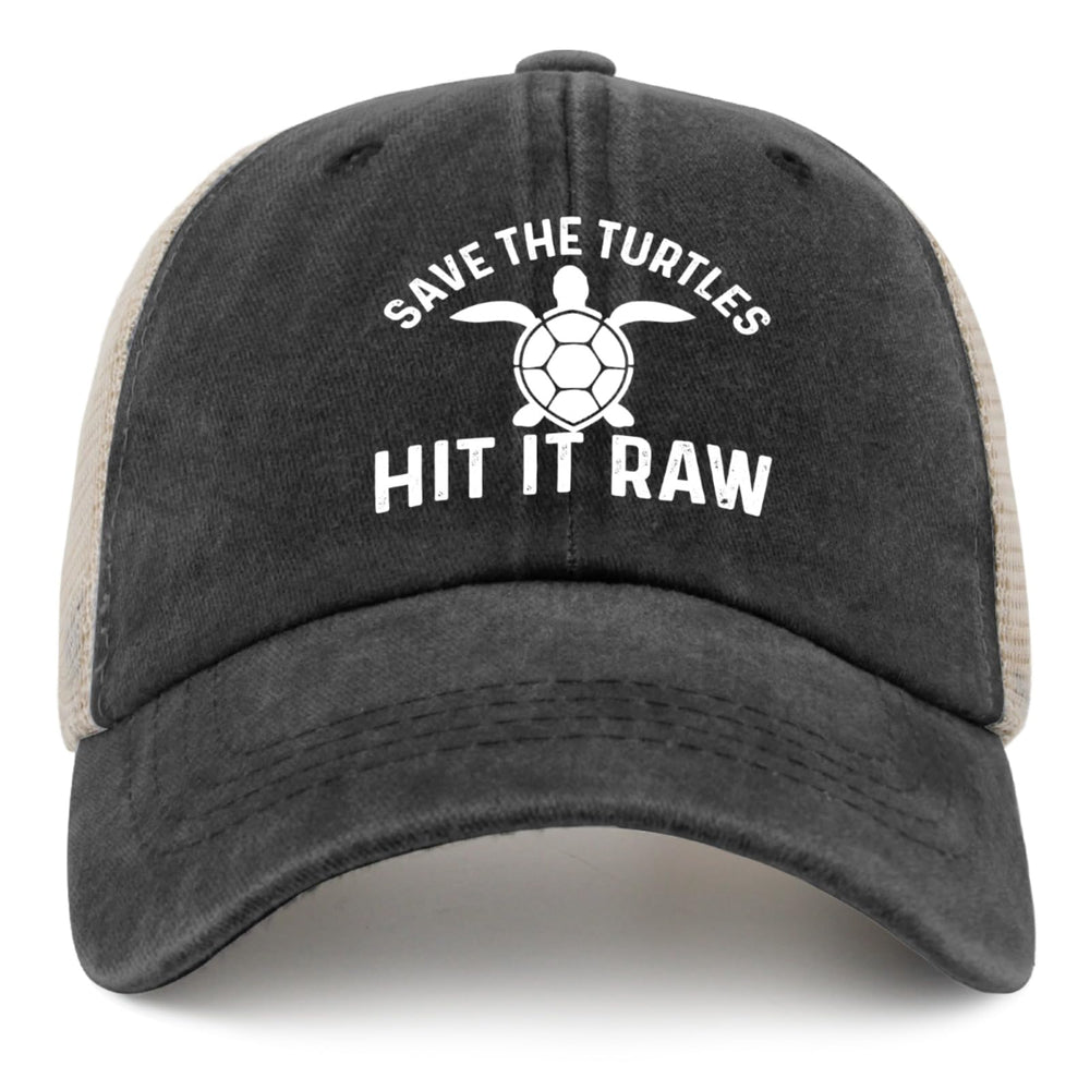 Liabiliies Save The Turtles trucker hat front view with vintage denim finish, ideal for casual summer outings.