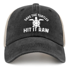 Liabiliies Save The Turtles trucker hat front view with vintage denim finish, ideal for casual summer outings.
