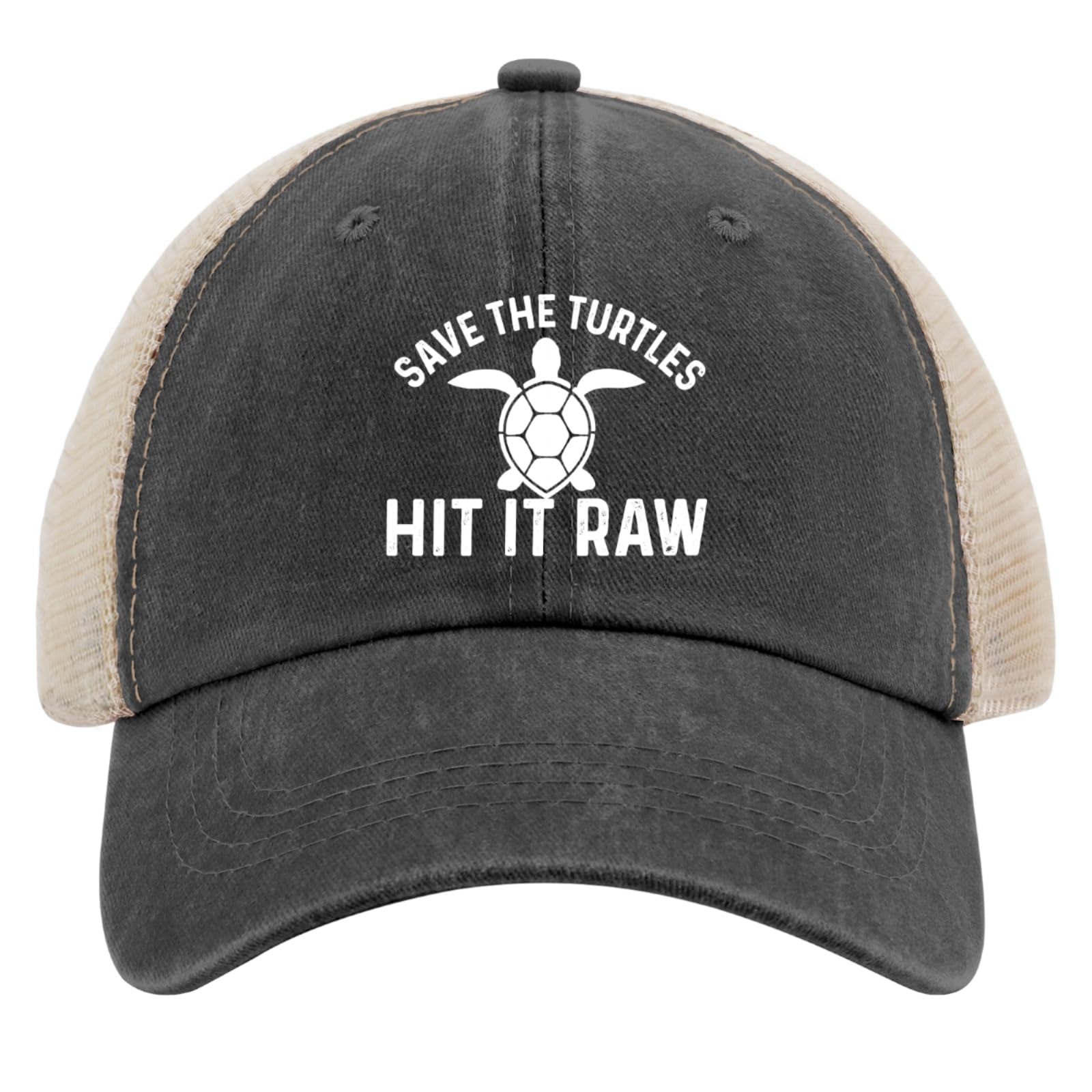 Liabiliies Save The Turtles trucker hat side profile shows breathable mesh for hot days.