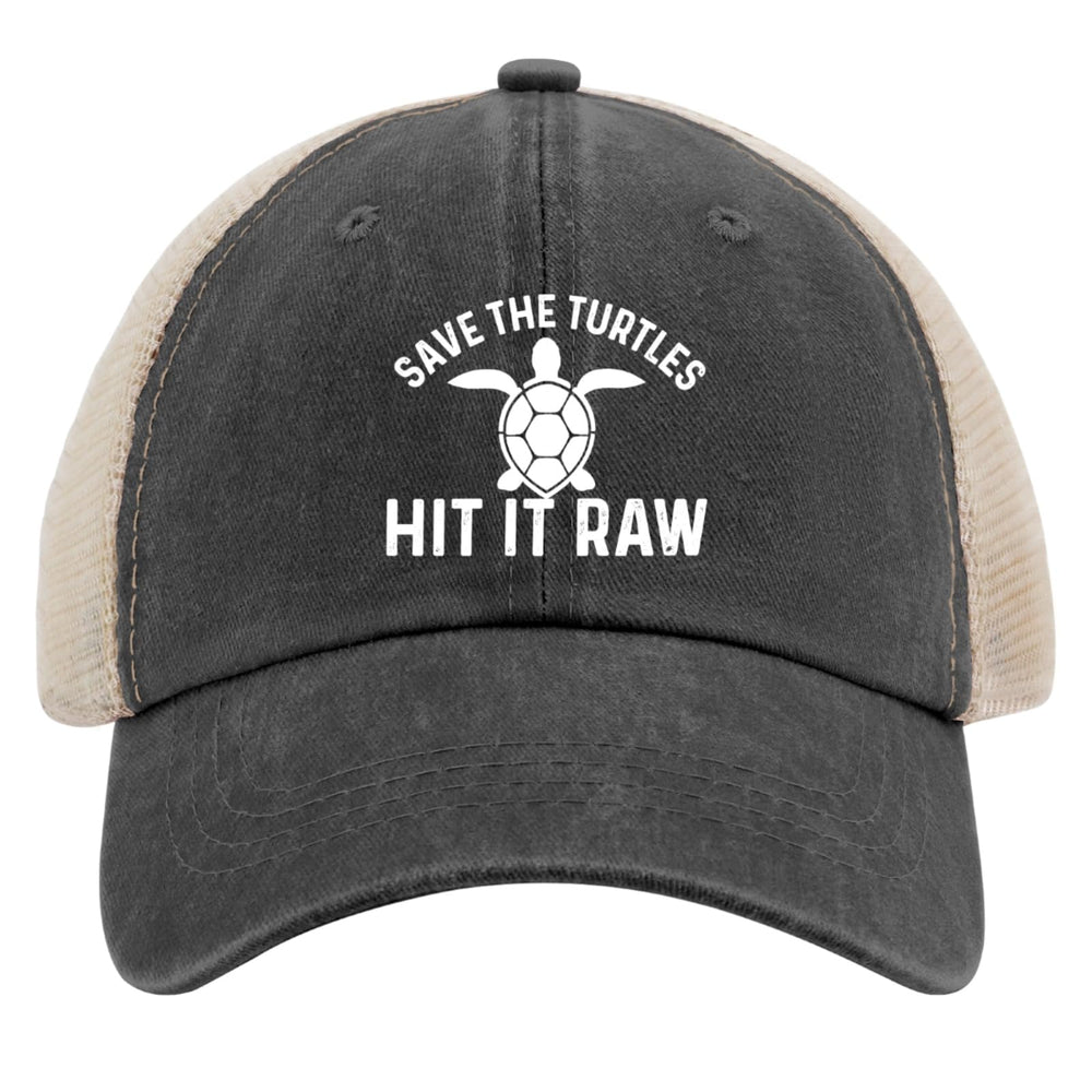 Liabiliies Save The Turtles trucker hat side profile shows breathable mesh for hot days.