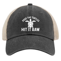 Liabiliies Save The Turtles trucker hat side profile shows breathable mesh for hot days.