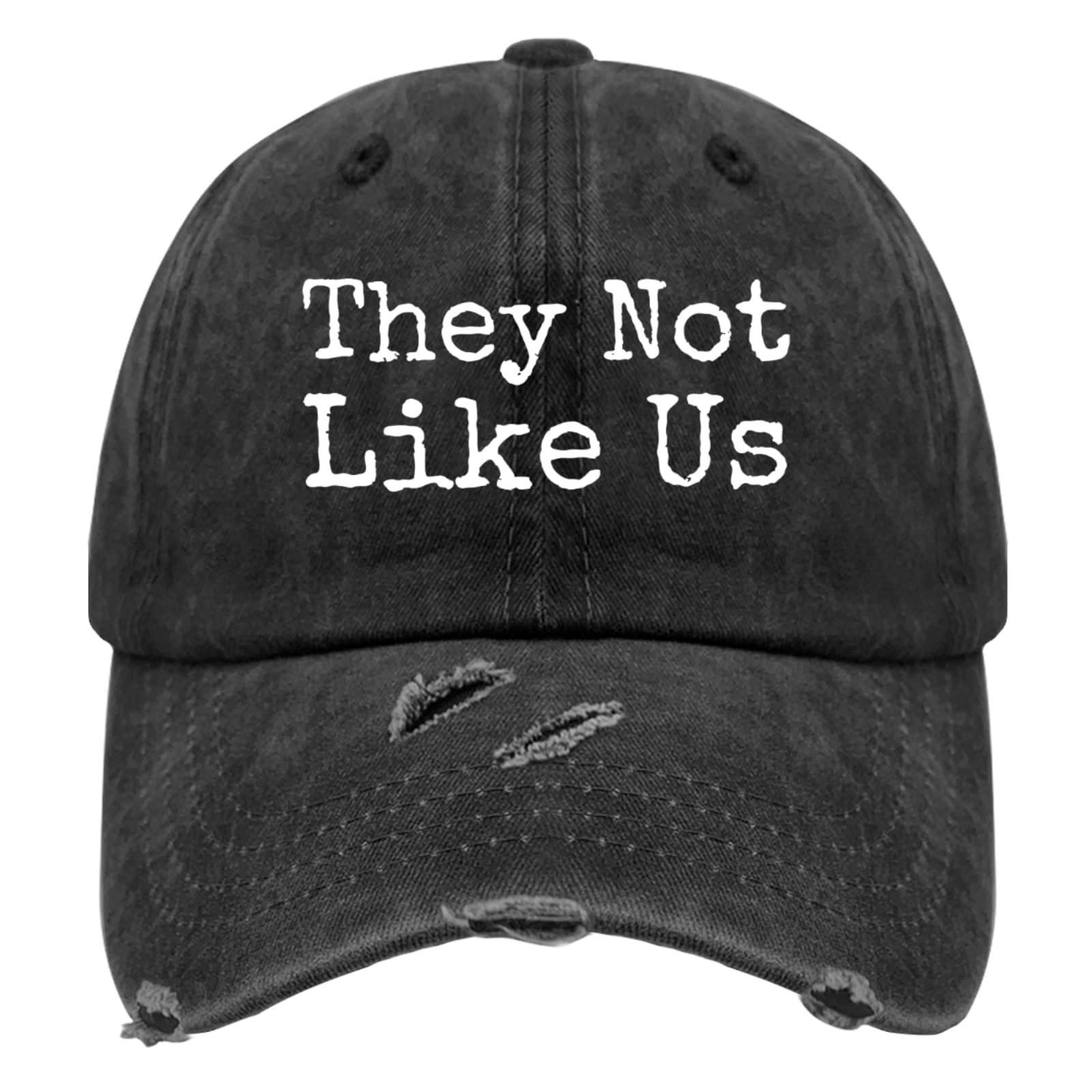 Liabiliies They Not Like Us hat front view with washed denim texture for casual summer styling