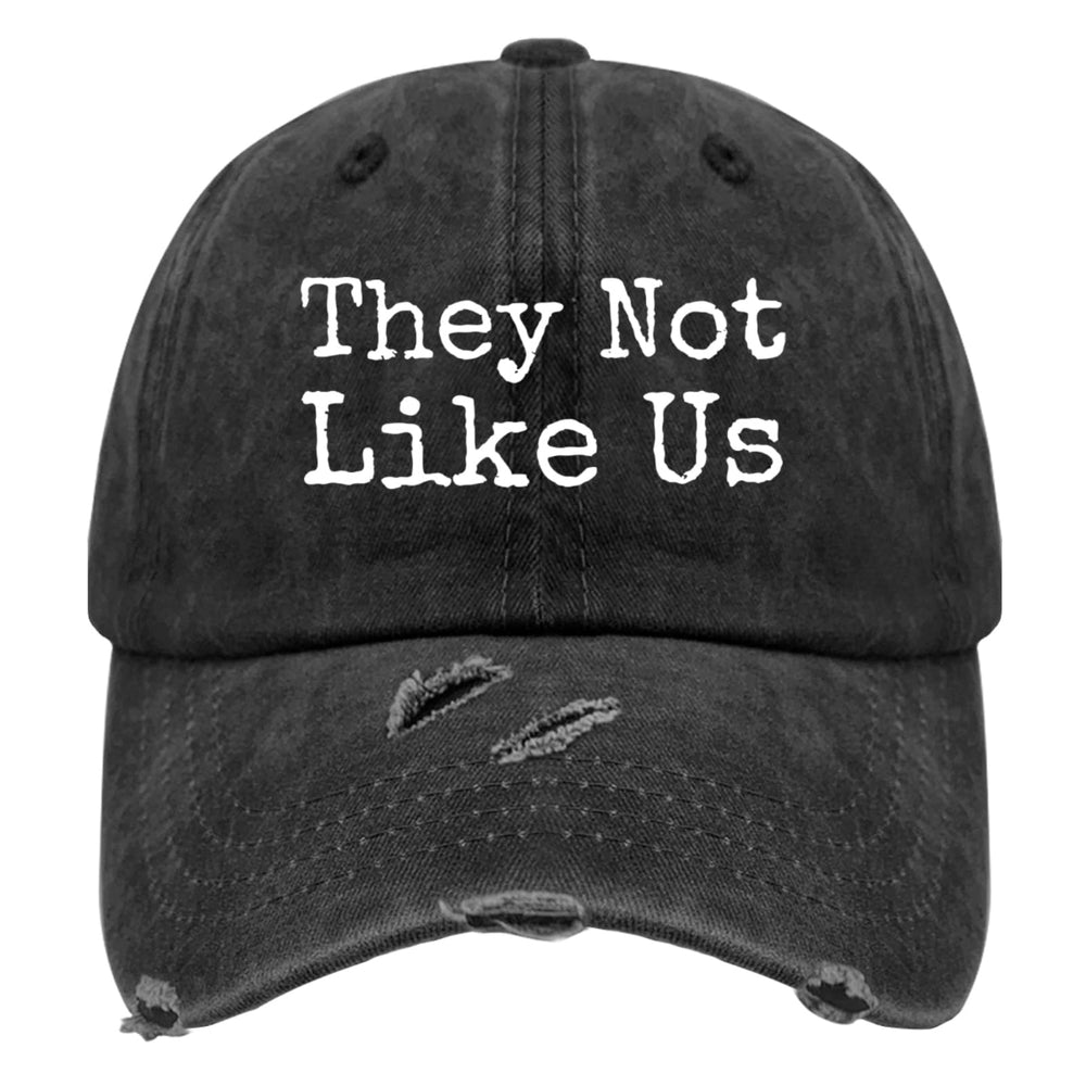 Liabiliies They Not Like Us hat front view with washed denim texture for casual summer styling