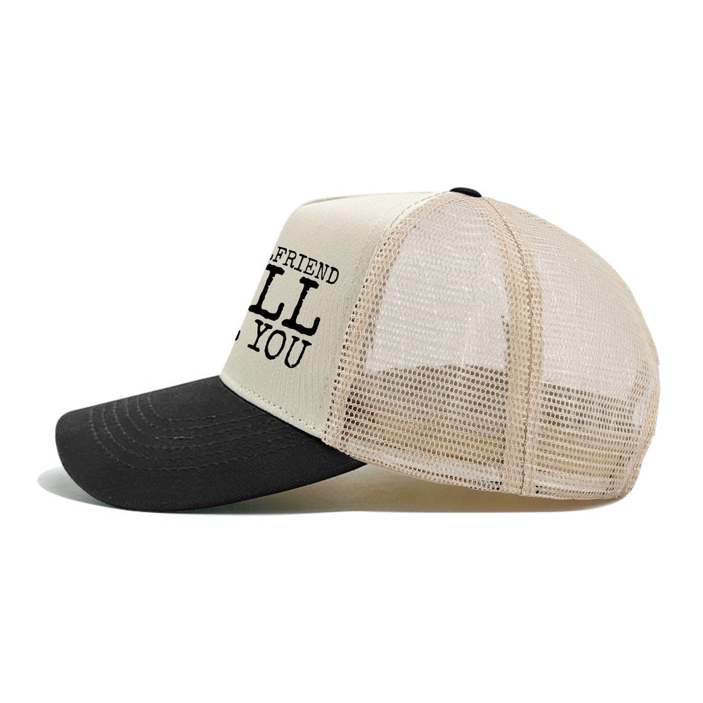 liabiliies washed denim trucker cap texture close-up showing casual look
