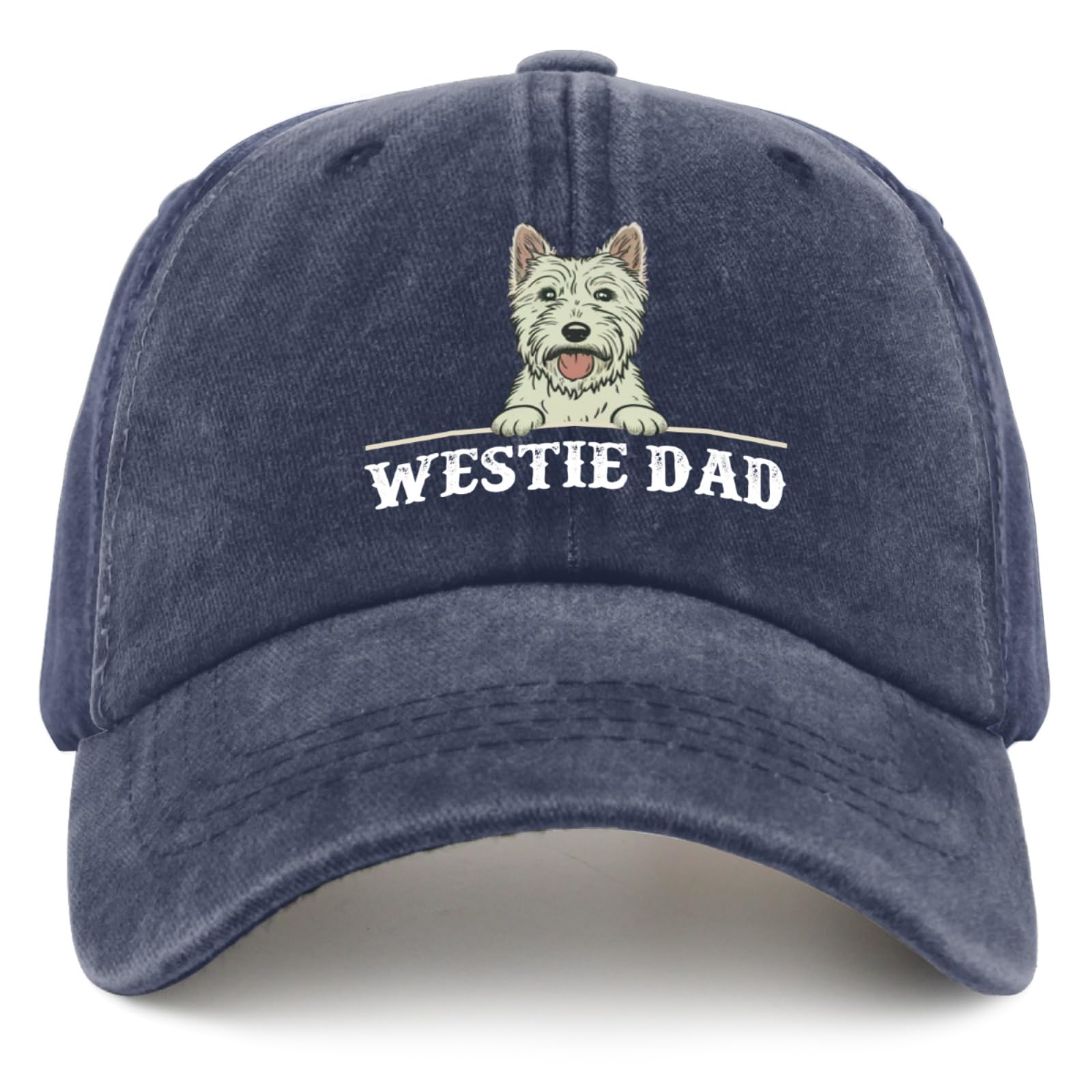 liabiliies Westie Dad Hat front view in navy blue, breathable summer option.