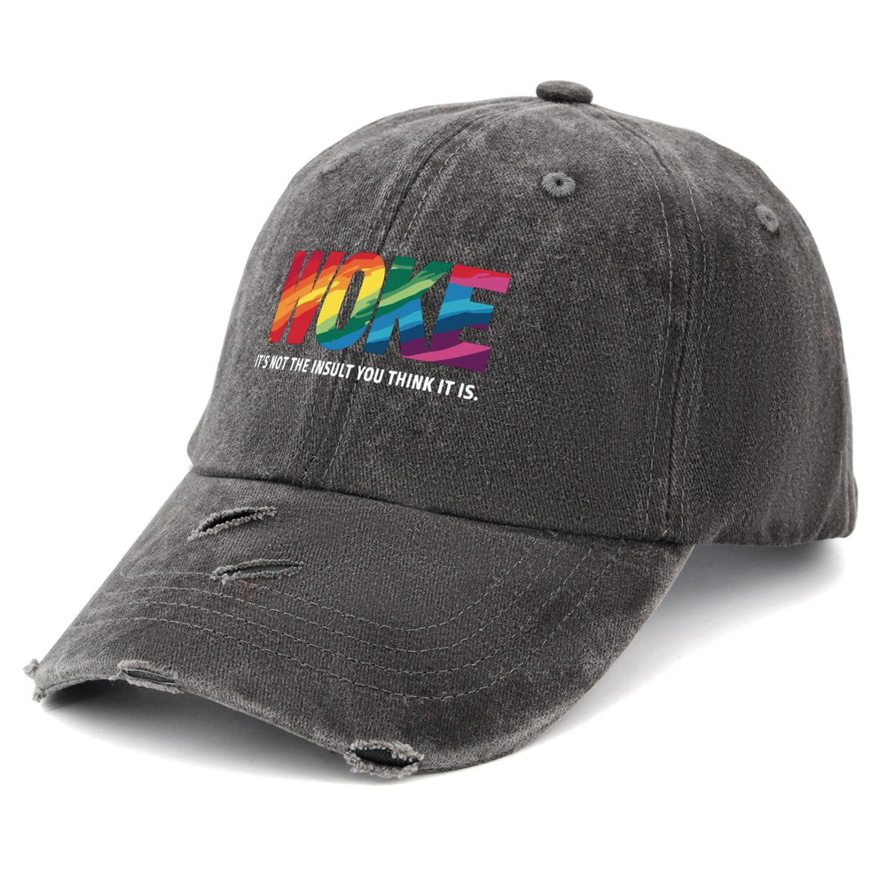 Liabiliies Woke Insult Cap close-up shows washed cotton texture and adjustable fit