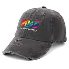 Liabiliies Woke Insult Cap close-up shows washed cotton texture and adjustable fit
