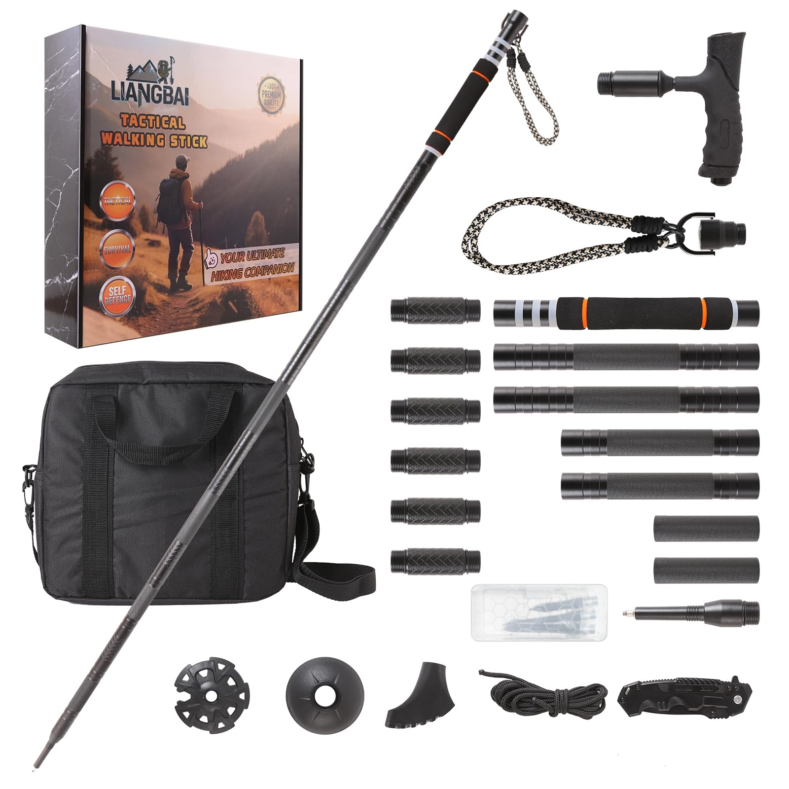 LIANGBAI tactical walking stick shows adjustable length for varied terrains