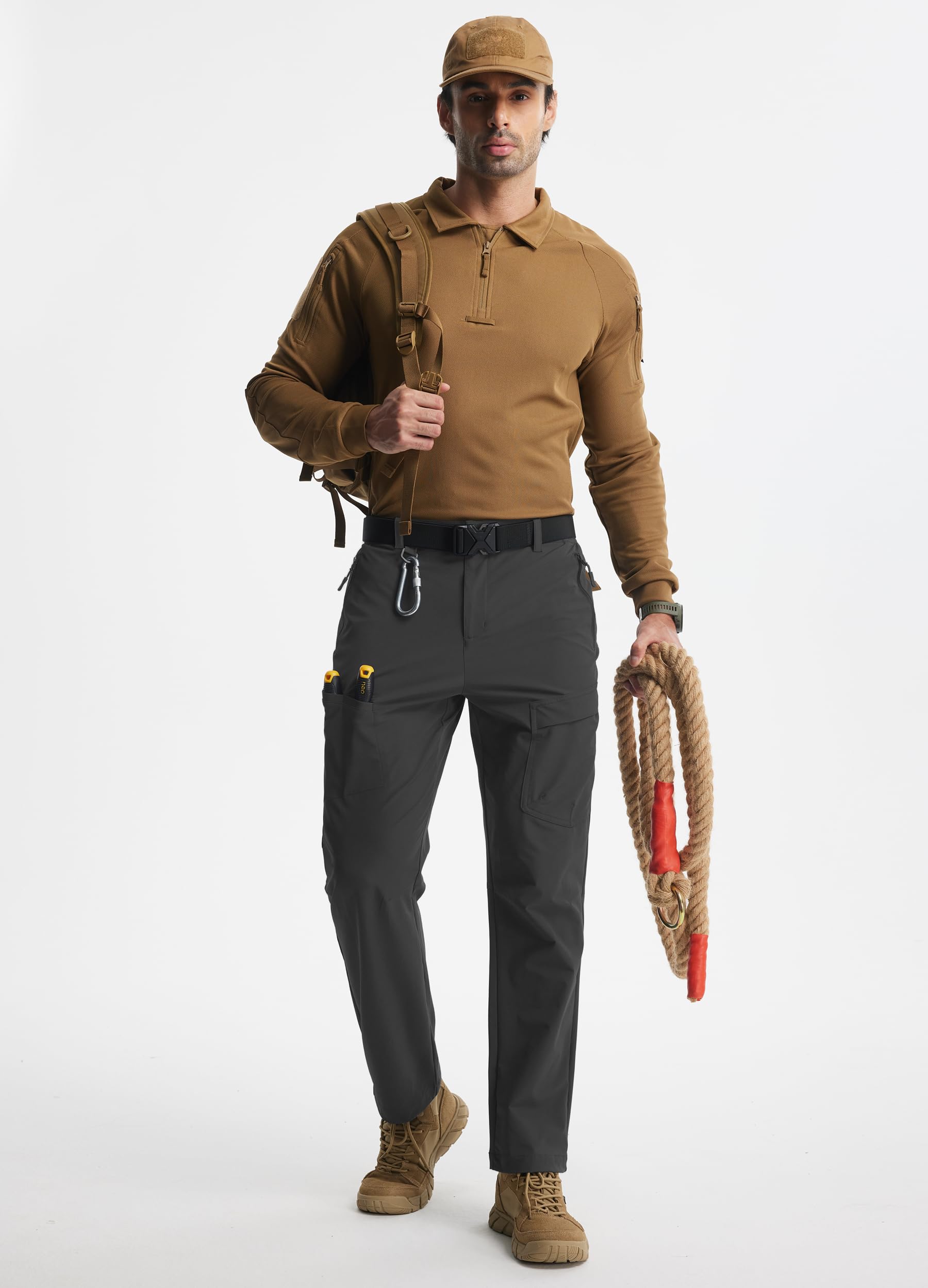 Libin cargo pants in action during hiking showing water resistance
