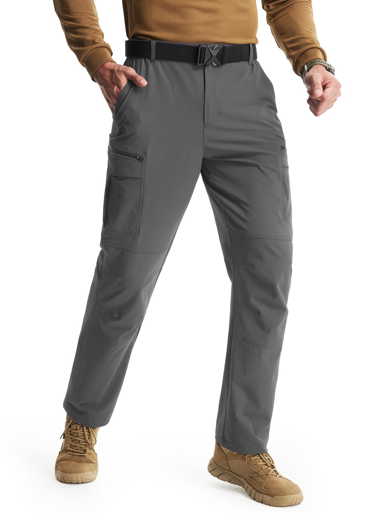 Libin men's hiking pants front view showing eight pockets for gear organization.