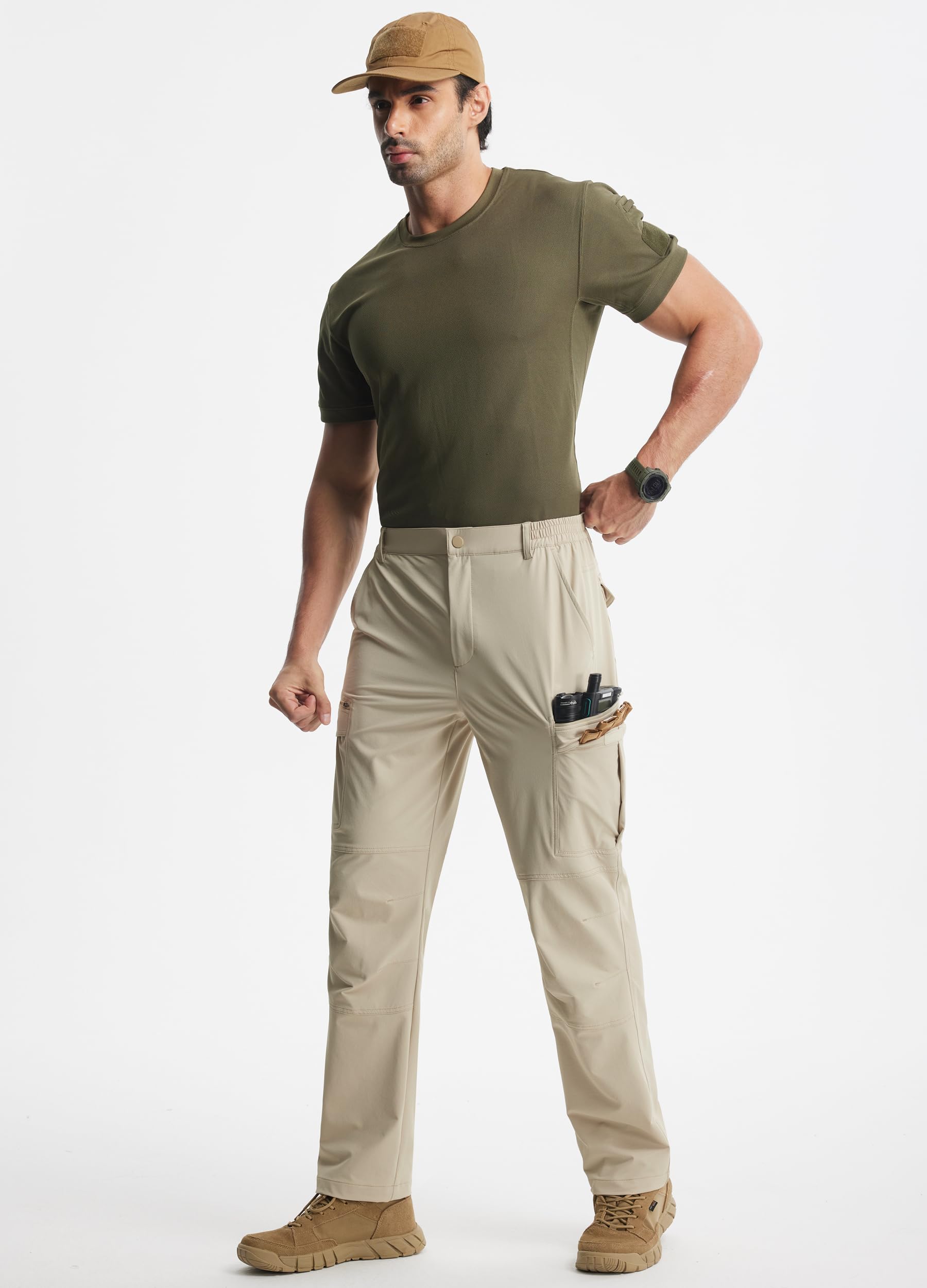 Libin hiking pants feature elastic waist and belt loops for flexible fit