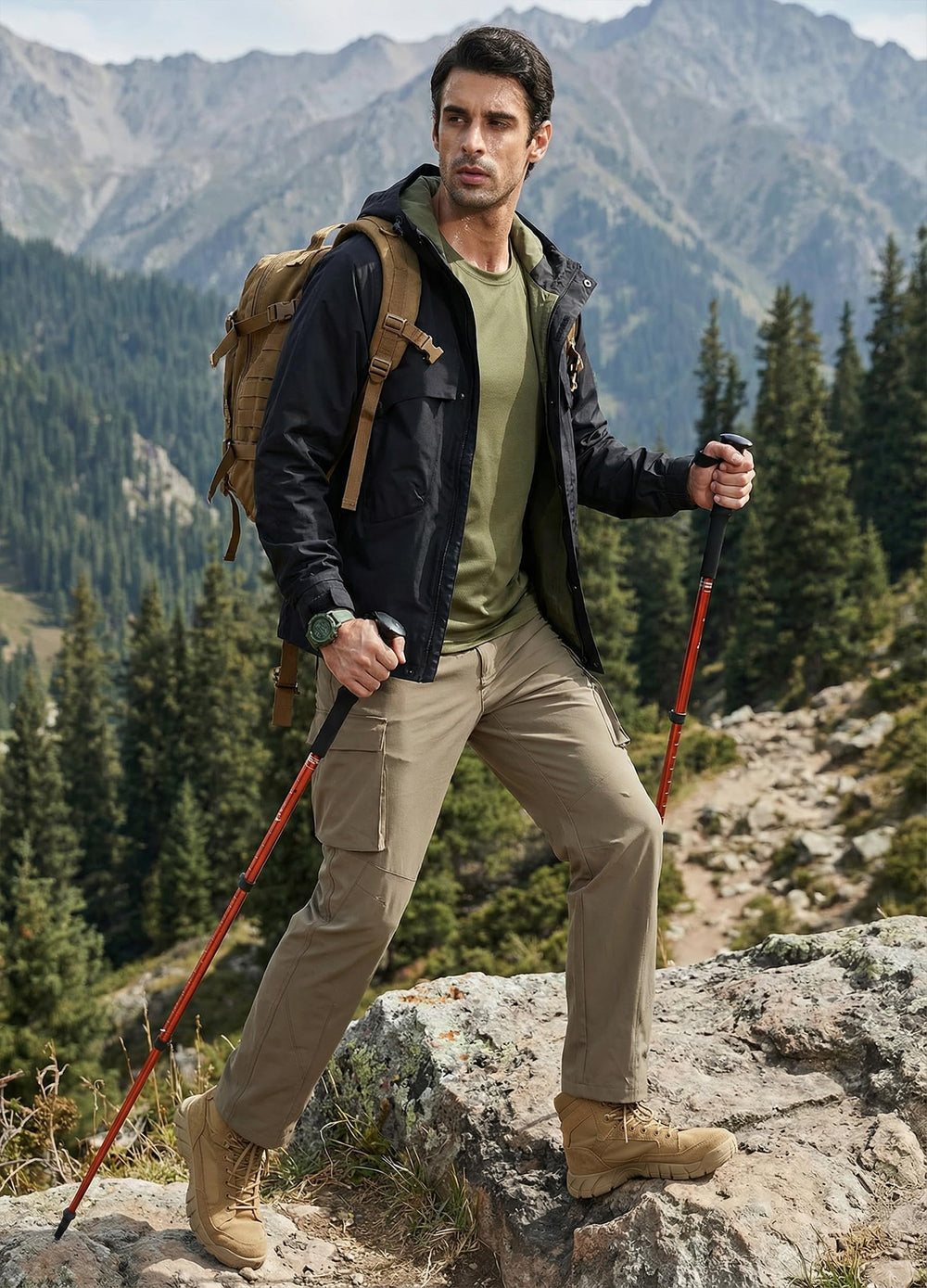 Libin men's hiking pants elastic waistband demonstrated for comfortable fit.