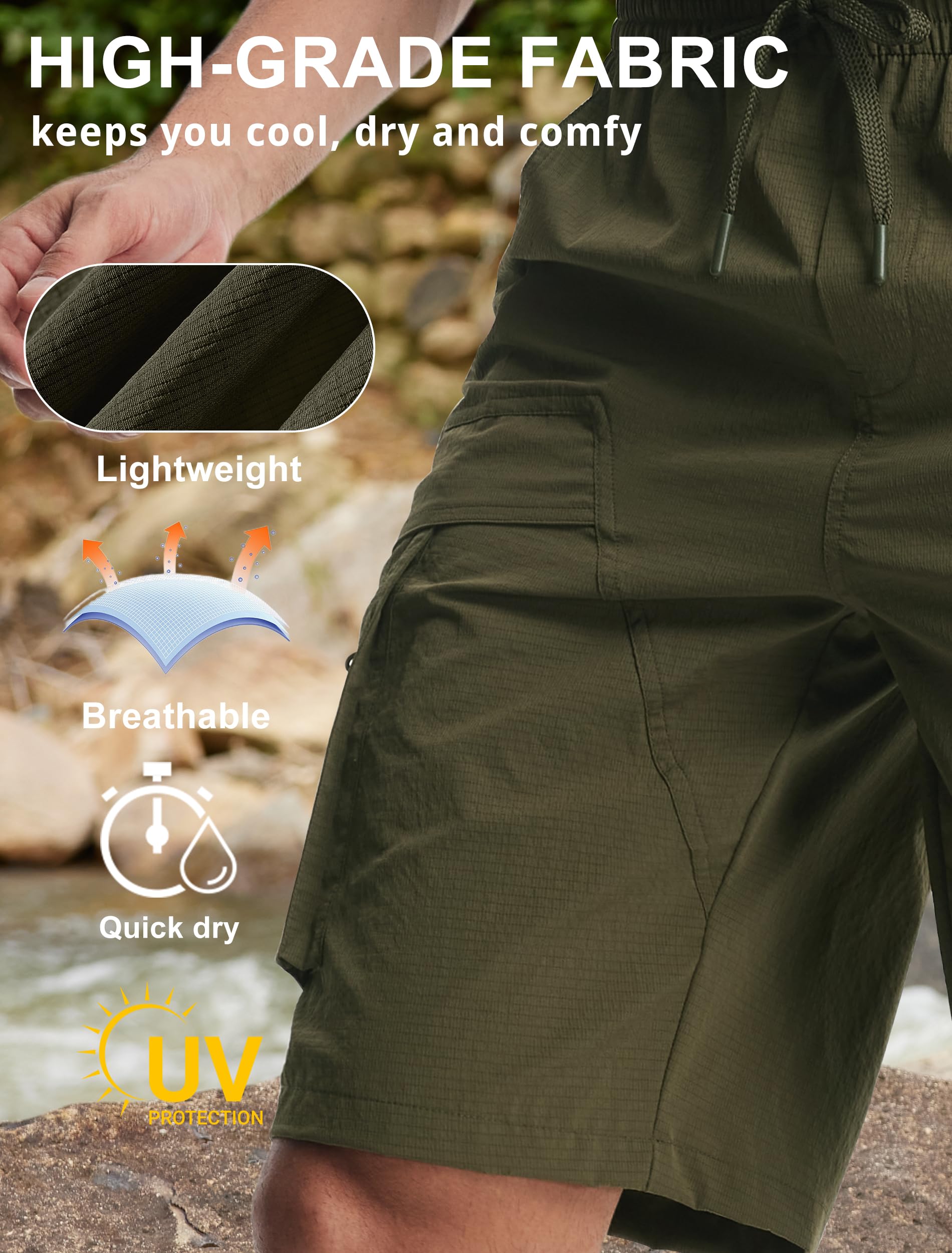 Libin men's quick dry shorts army green elastic waist demonstrates easy on-off and adjustable comfort.