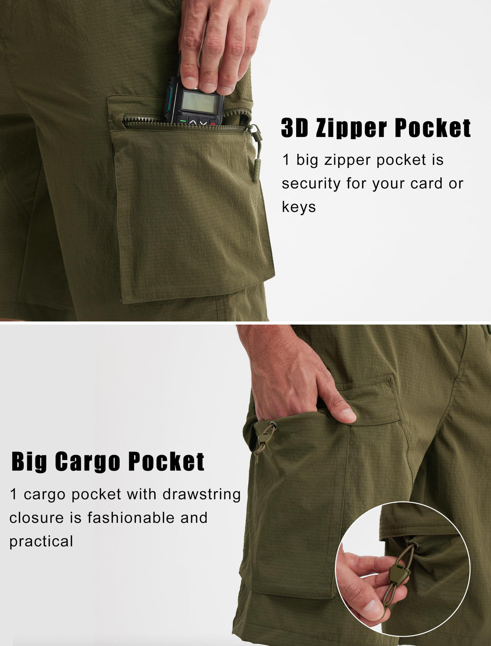 Libin men's quick dry shorts army green fabric closeup reveals lightweight breathable construction.