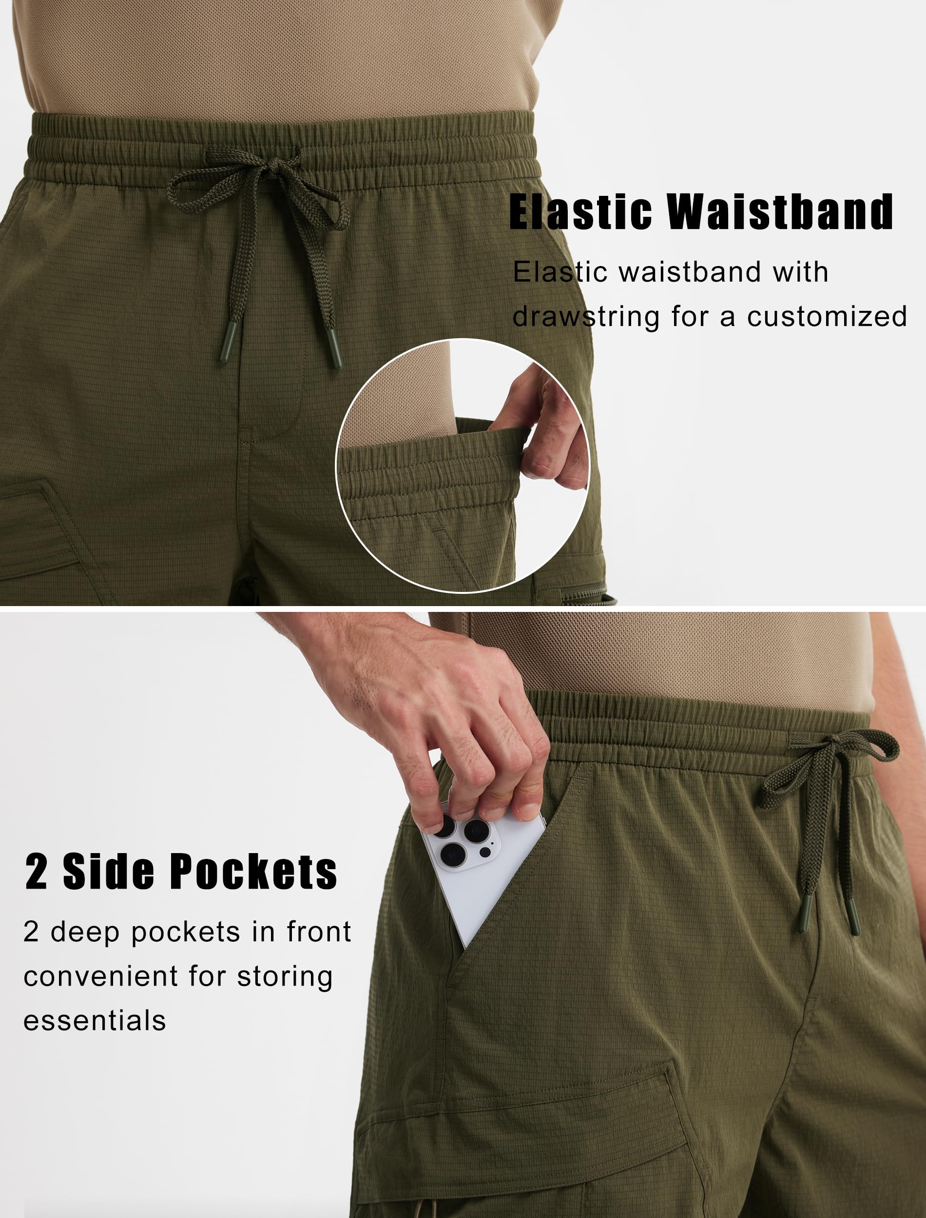 Libin men's quick dry shorts army green zip pocket showcases valuables security during outdoor activities.