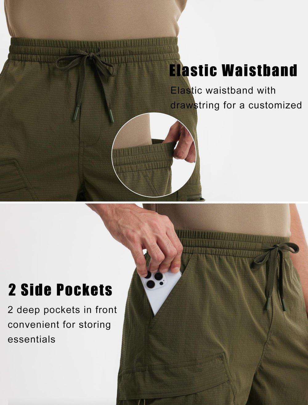 Libin men's quick dry shorts army green zip pocket showcases valuables security during outdoor activities.
