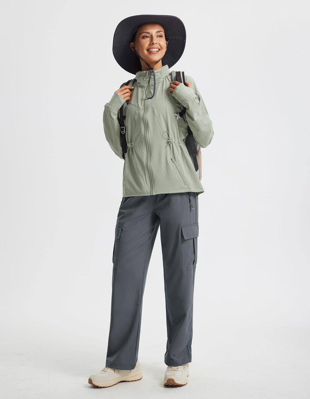 Libin gray cargo hiking pants UPF 50+ sun protection on sunny trails.