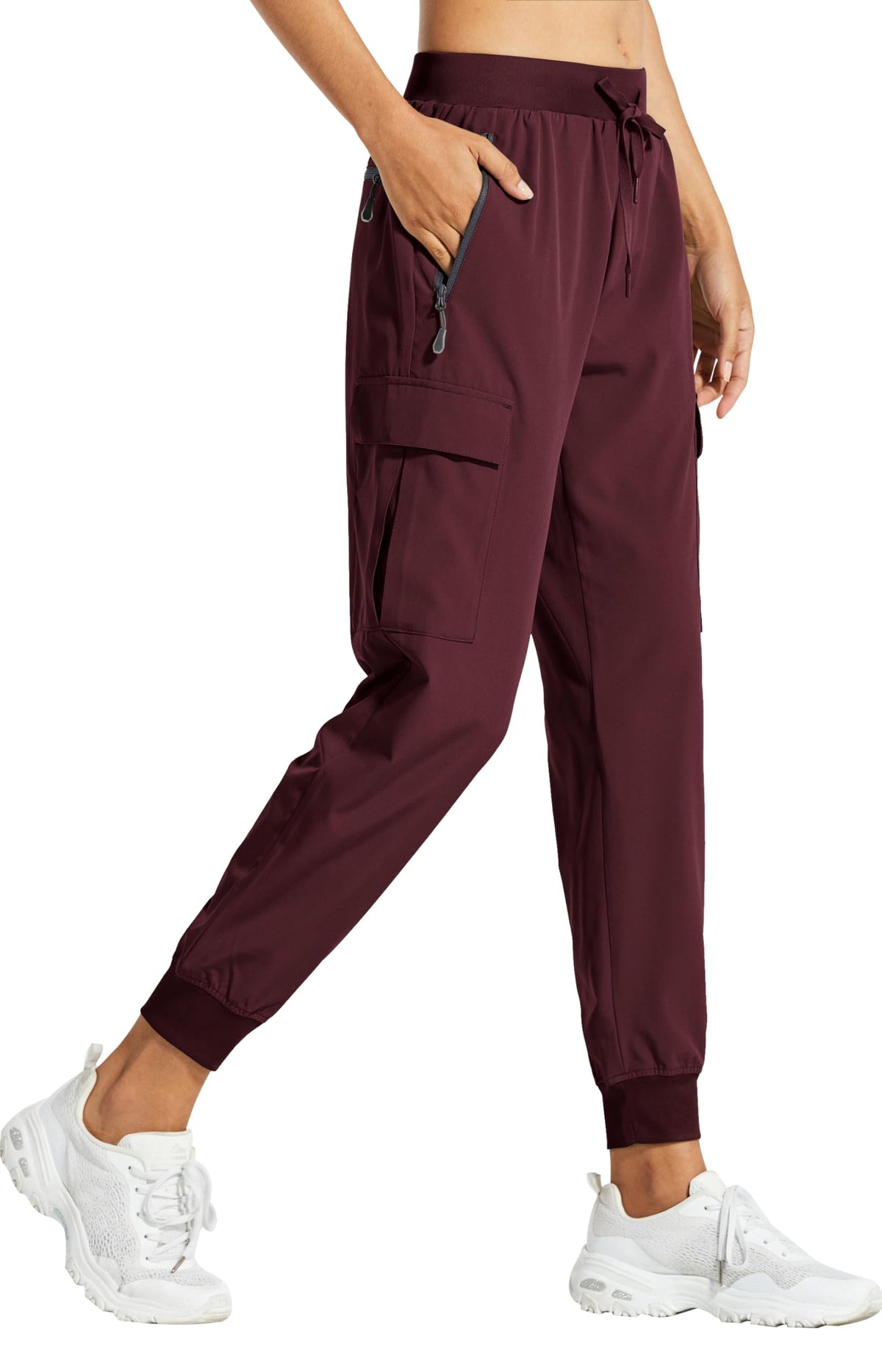 Libin women's cargo joggers wine red front view showing lightweight quick-dry fabric