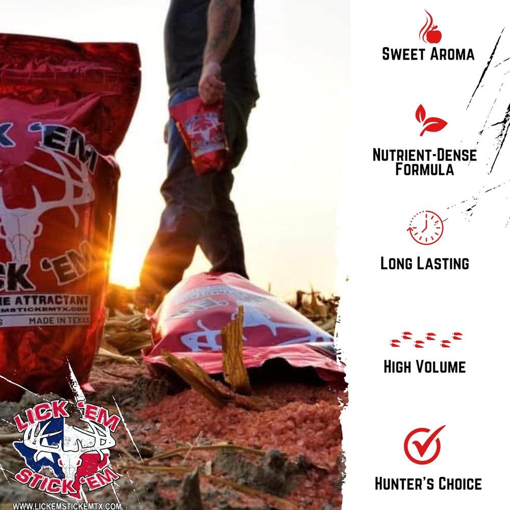 Lick Em Stick Em attractant jar label featuring Texas-made badge.